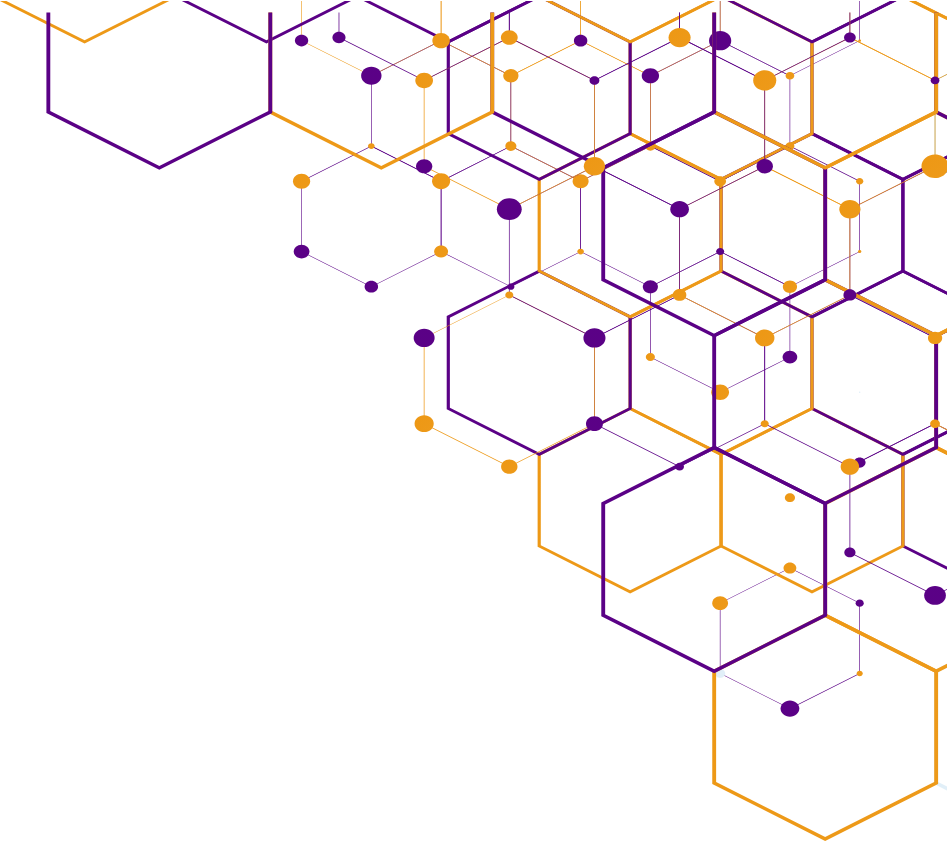 An abstract pattern of purple and gold interconnected hexagons.